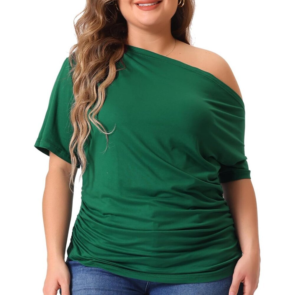Plus Size Women Tops One Shoulder Short Sleeve Ruched Casual Stylish